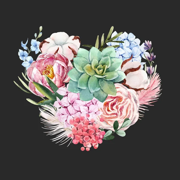 Watercolor floral heart composition — Stockfoto