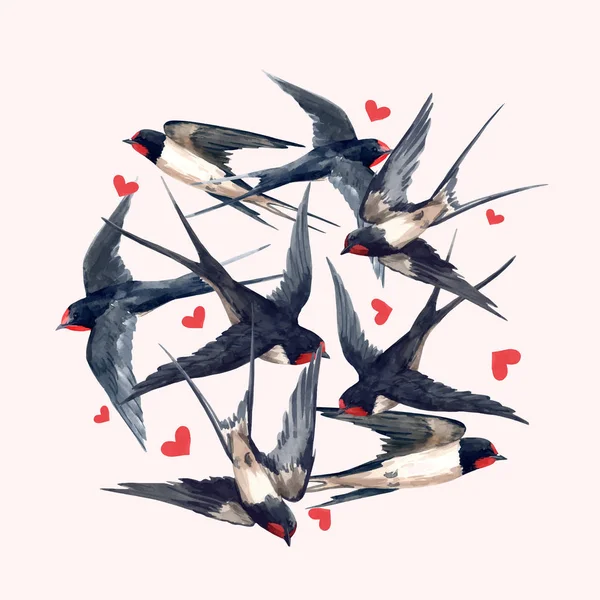 Aquarell Schwalbe Vogelkomposition — Stockvektor