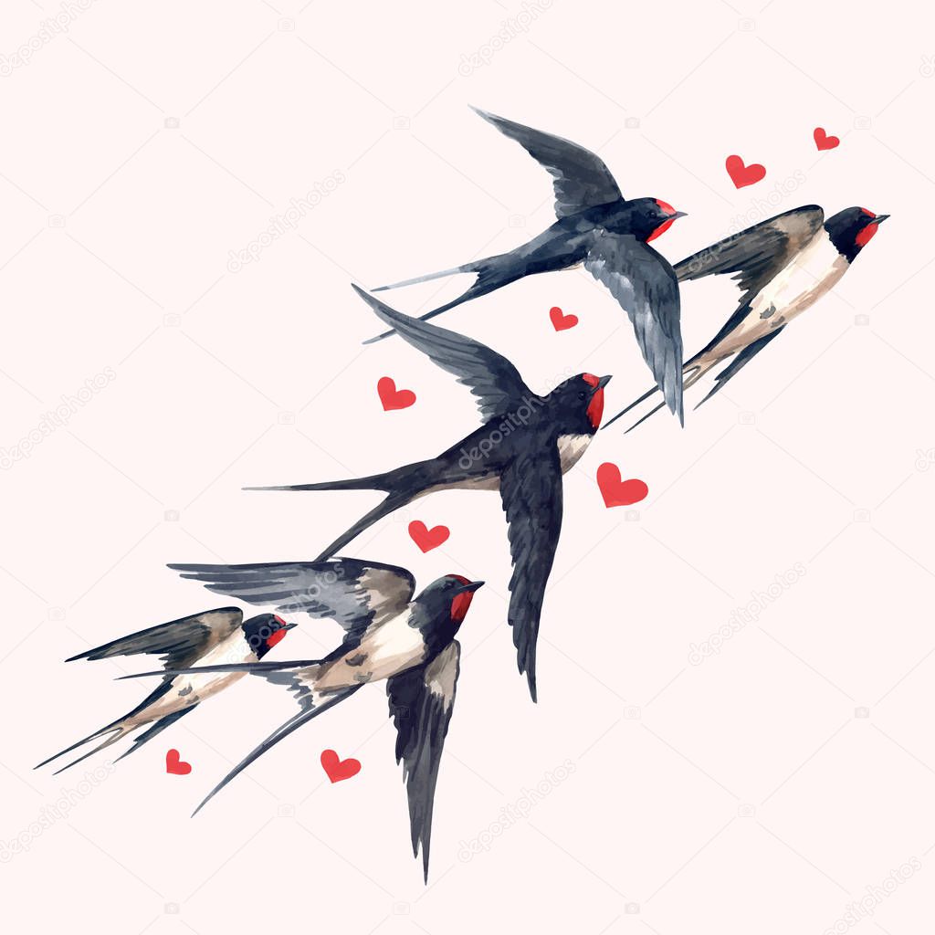 Watercolor swallow bird composition