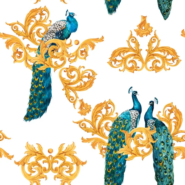 Watercolor peacock golden vector pattern — Stock Vector