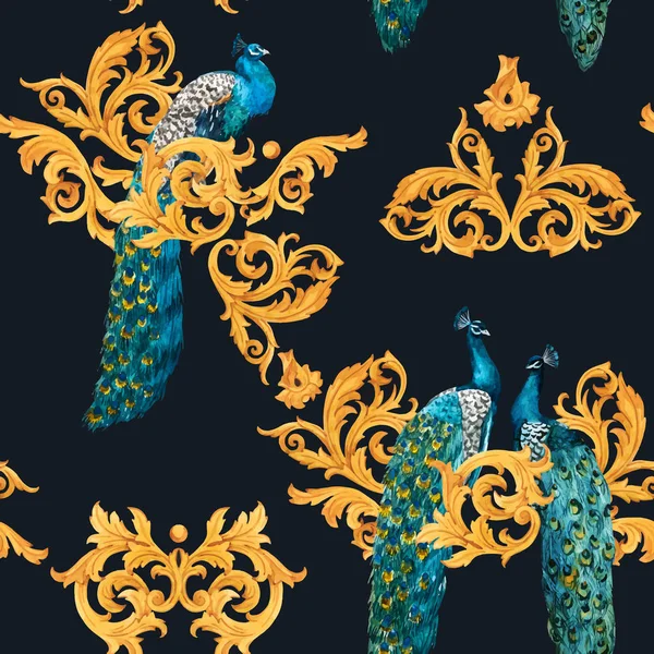 Aquarel peacock gouden vector patroon — Stockvector