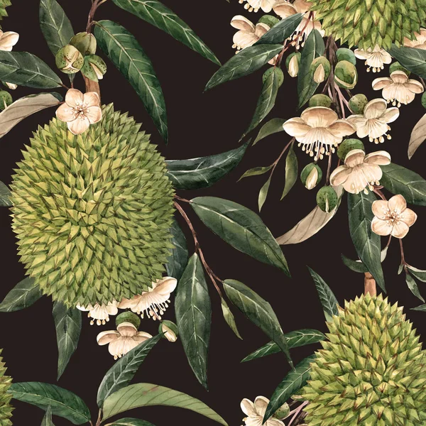 Akvarelu durian tropické vzor bezešvé — Stock fotografie