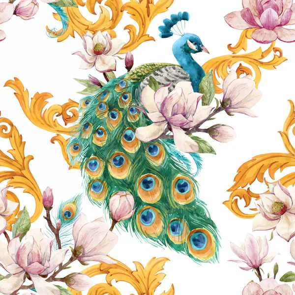 Watercolor peacock vector pattern — Stock Vector