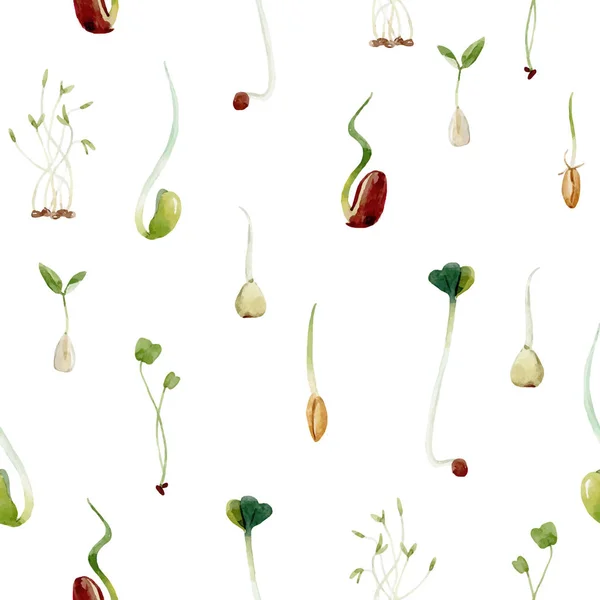 Acuarela frijoles semillas brotes patrón — Archivo Imágenes Vectoriales