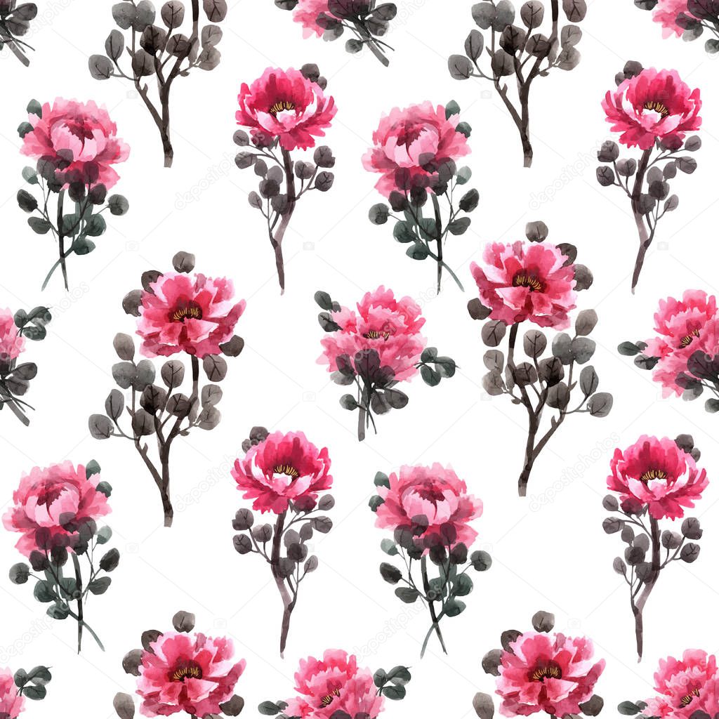 Watercolor chinese rose vector pattern