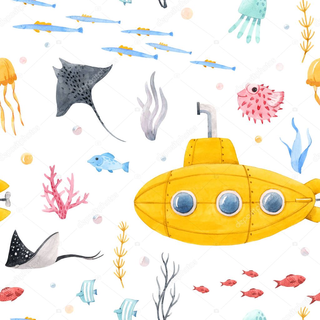 Watercolor underwater submarine pattern