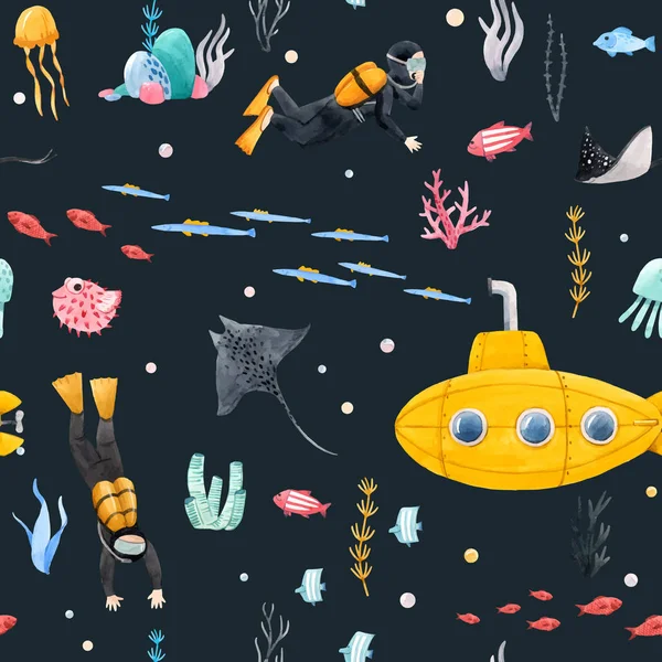 水彩水中海底ベクトルパターン — ストックベクタ