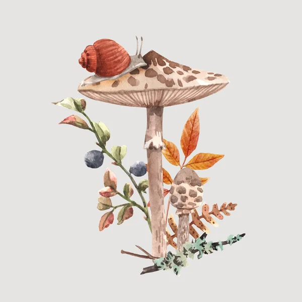 Composizione vettoriale fungo foresta acquerello — Vettoriale Stock