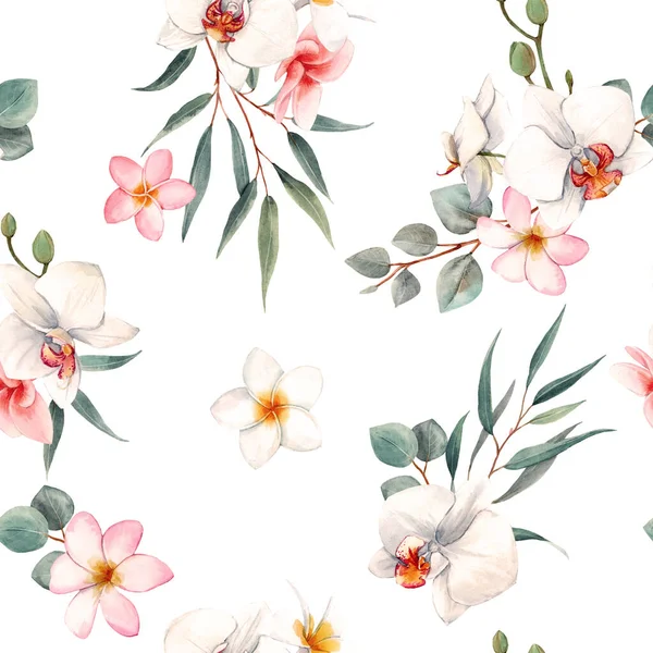 Watercolor orchid white flowers pattern — Stock Photo, Image