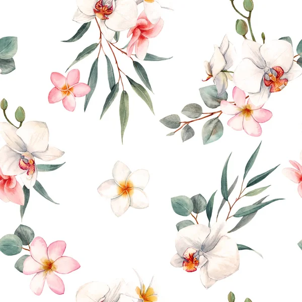 Watercolor orchid white flowers pattern