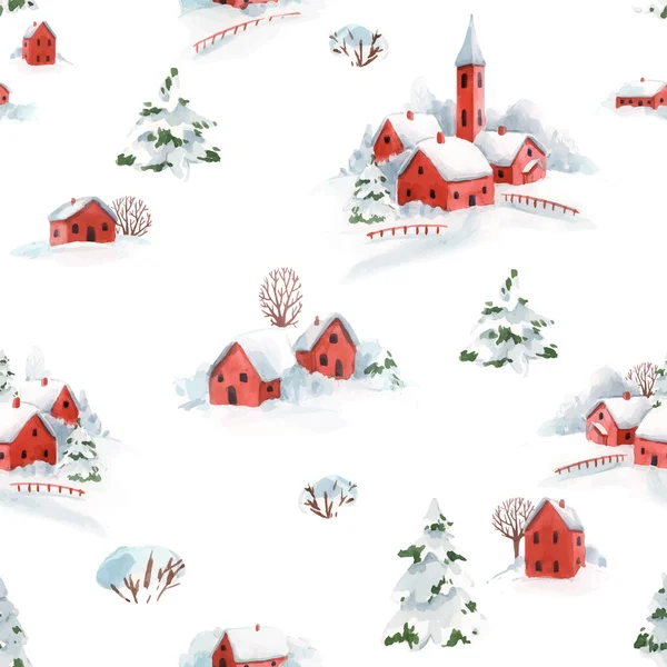 Acuarela vector patrón sin costuras invierno nevado navidad tiempo rojo casa ciudad paisaje abetos — Vector de stock