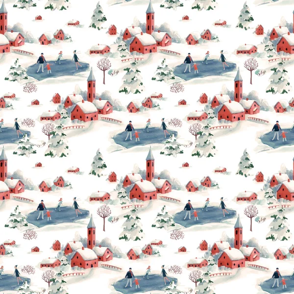 Вектор акварели бесшовный узор зимний снежный Рождество время красного дома город ландшафтные елки — стоковый вектор