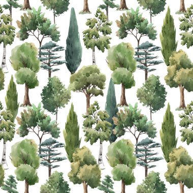 Suluboya vektör ağacı pürüzsüz desenli orman meşesi köknar ağacı, thuja linden baobab çamı