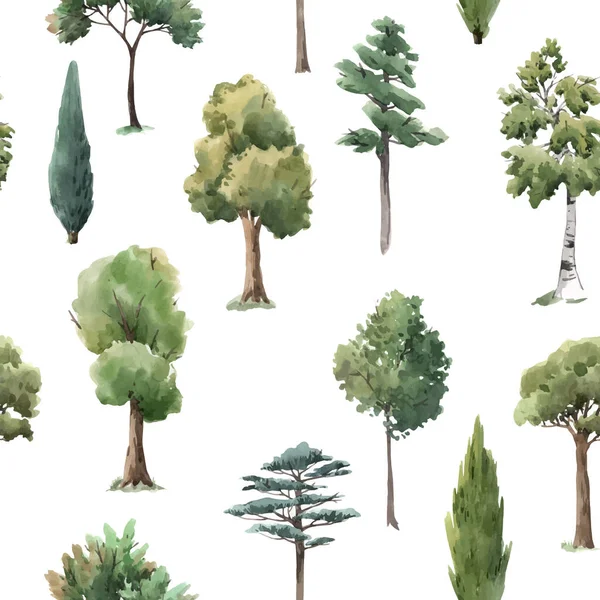 Aquarelle vecteur arbre motif sans couture forêt chêne sapin bouleau, thuja linden baobab pin — Image vectorielle