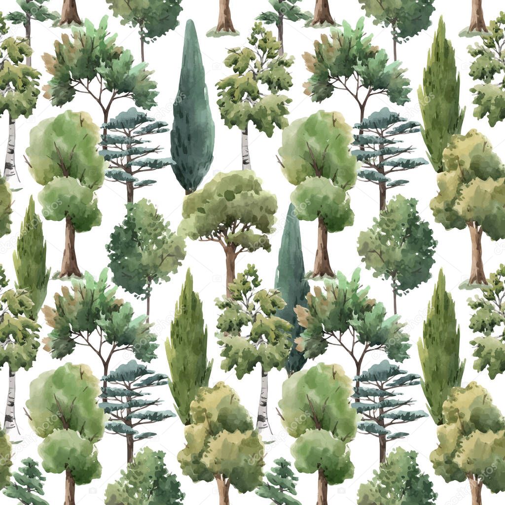 Watercolor vector tree seamless pattern forest oak fir birch, thuja linden baobab pine