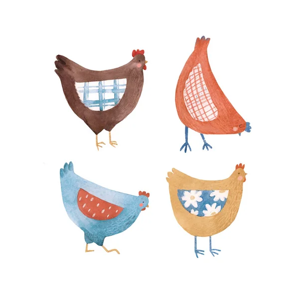 Grazioso acquerello rustico pollo gallina uccello illustrazione set per bambini stampa — Foto Stock