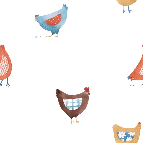 Διάνυσμα αδιάλειπτη μοτίβο με ωραίο χαριτωμένο κοτόπουλο ακουαρέλα κοτόπουλο σε αγροτικό ρουστίκ στυλ χώρα — Διανυσματικό Αρχείο