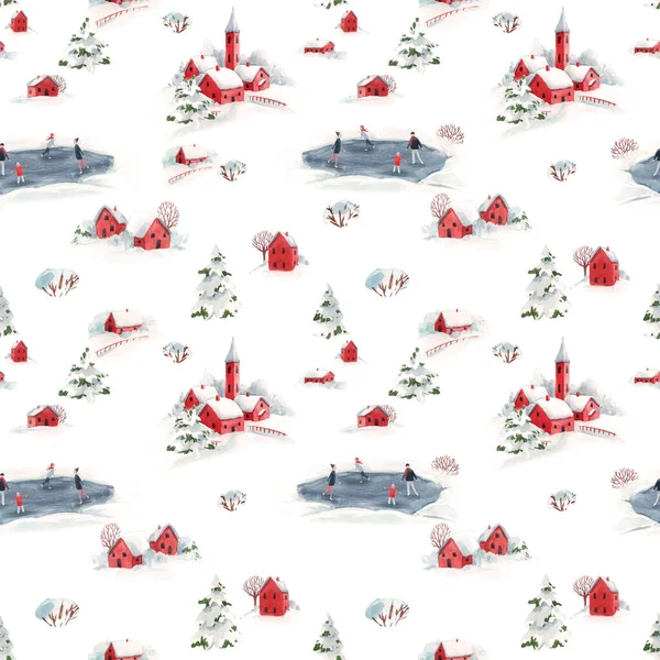 Watercolor seamless pattern winter snowy christmas time red house town landscape fir trees — Stock Photo, Image