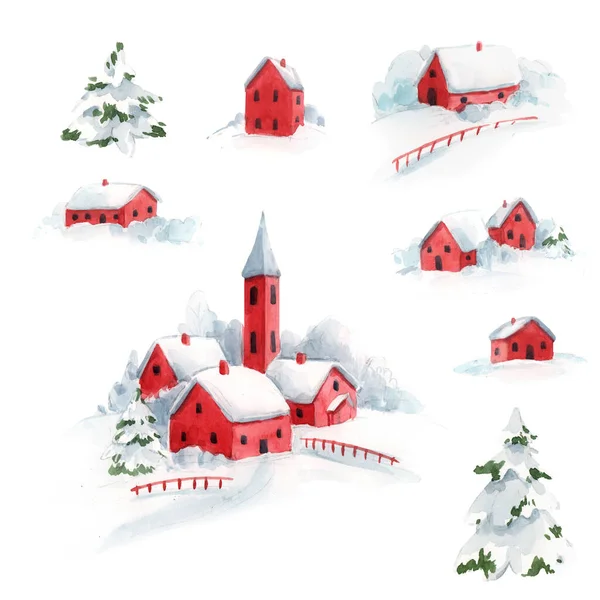 Aquarell Winter schneebedeckt Weihnachten rot Haus Stadt Landschaft Tannen — Stockfoto