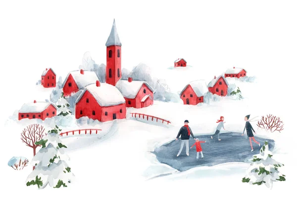 Watercolor winter snowy christmas time red house town landscape scenery fir trees — 图库照片