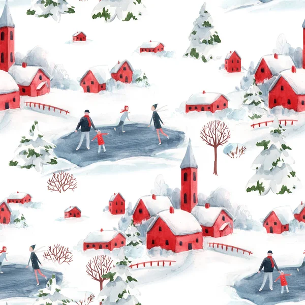 Aquarela sem costura padrão inverno nevado Natal tempo vermelho casa cidade paisagem abeto árvores — Fotografia de Stock