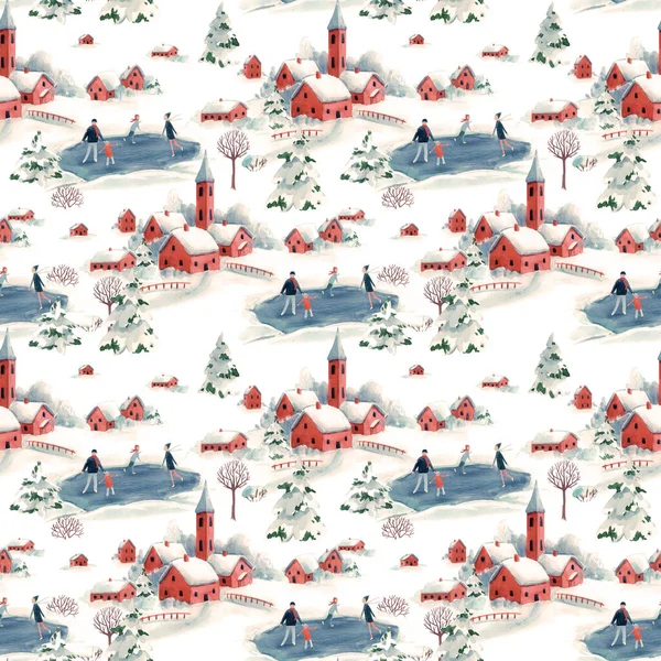 Watercolor seamless pattern winter snowy christmas time red house town landscape fir trees — 图库照片