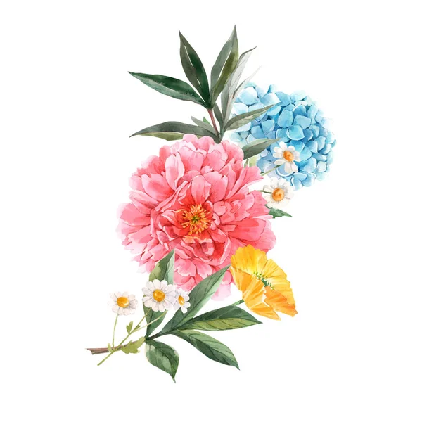 Beautiful floral bouquet composition with watercolor pink peony and yellow poppy flowers. Stock illustration — Stock Photo, Image