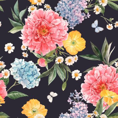 Su boyası, pembe şakayık, mavi ortanca ve leylak rengi yaz çiçekleri ve kelebekleriyle kusursuz bir desen. Stok çiçek illüstrasyonu.