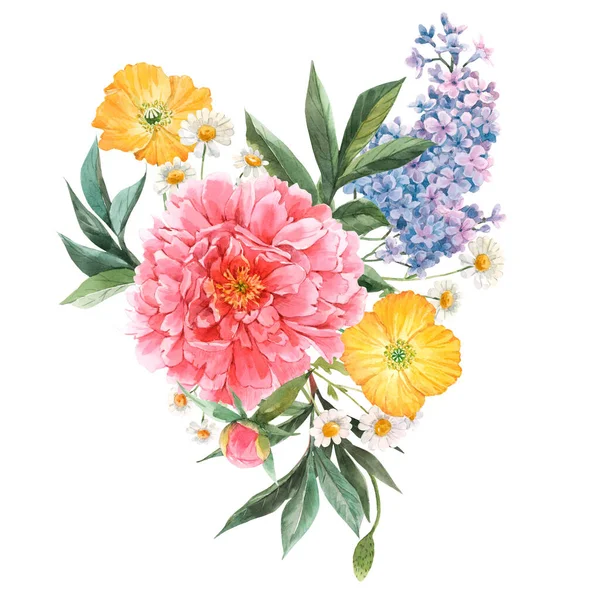 Gyönyörű virágcsokor összetétele akvarell rózsaszín bazsarózsa és sárga mákvirág. Készletillusztráció — Stock Fotó