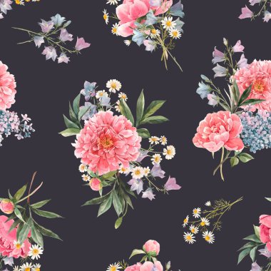 Suluboya pembe şakayık ve diğer yaz çiçekleriyle kusursuz çiçek deseni. Stok illüstrasyonu.