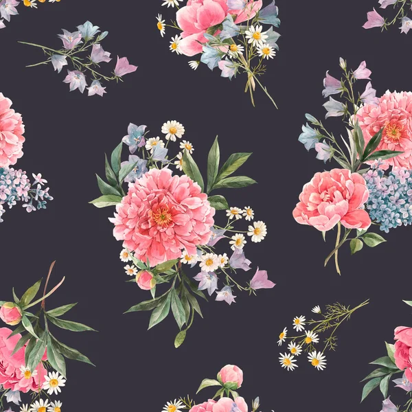 Schöne nahtlose Blumenmuster mit Aquarell rosa Pfingstrose und anderen Sommerblumen. Archivbild. — Stockfoto