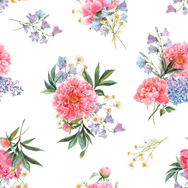 水彩ピンクの牡丹や他の夏の花と美しいシームレスな花パターン。ストックイラスト. — ストック写真
