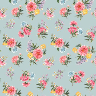 Suluboya pembe şakayık ve diğer yaz çiçekleriyle kusursuz çiçek deseni. Stok illüstrasyonu.