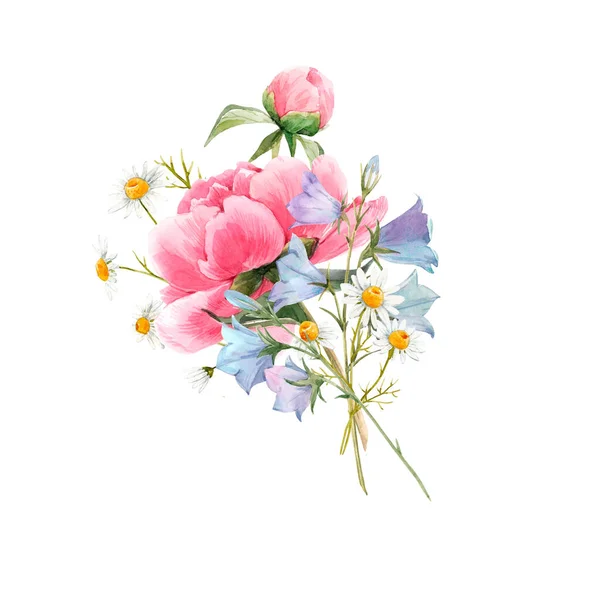 Beautiful floral bouquet composition with watercolor pink peony and yellow poppy flowers. Stock illustration — Stock Photo, Image