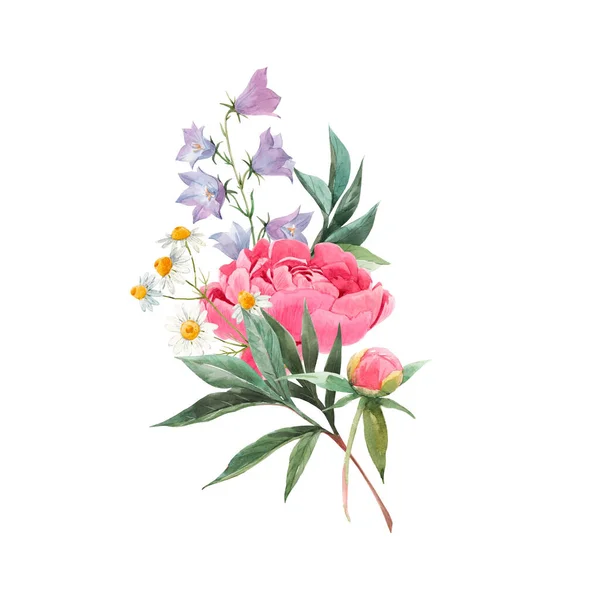 Composição bonita buquê floral com peônia aquarela rosa e flores de papoula amarela. Ilustração das existências — Fotografia de Stock