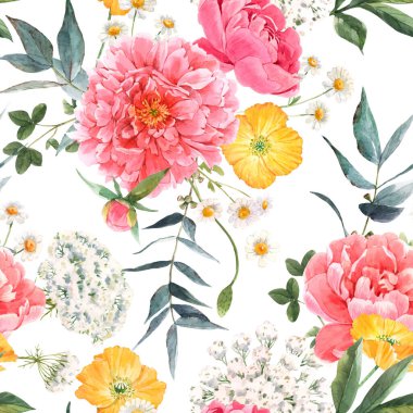 Suluboya pembe şakayık ve diğer yaz çiçekleriyle kusursuz çiçek deseni. Stok illüstrasyonu.