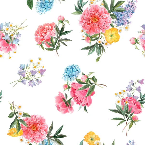 Mooi naadloos bloemenpatroon met aquarelroze pioenroos en andere zomerbloemen. Voorraadillustratie. — Stockfoto