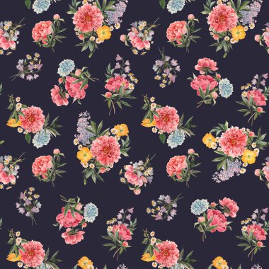 Suluboya pembe şakayık ve diğer yaz çiçekleriyle kusursuz çiçek deseni. Stok illüstrasyonu.