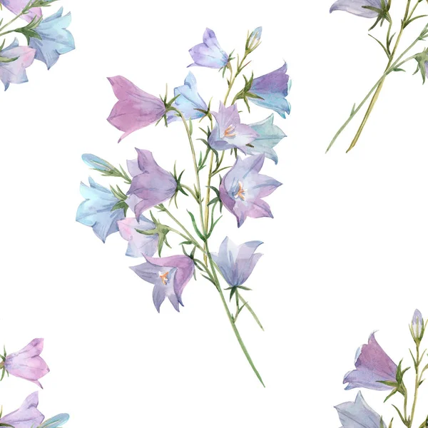 Vackert sömlöst mönster med akvarell milda blåklockor blommor. Lagerillustration. — Stockfoto