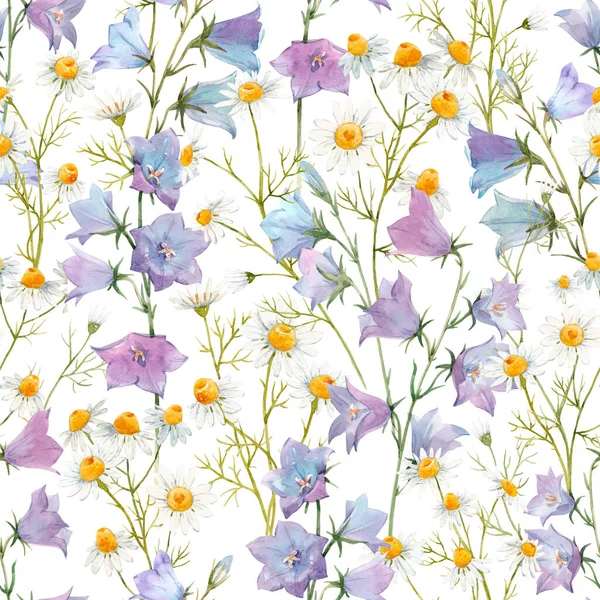 Beautiful seamless floral pattern with watercolor gentle summer bluebell and romomile flowers. Иллюстрация . — стоковое фото