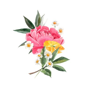 Suluboya pembe şakayık ve sarı gelincik çiçekli güzel bir çiçek buketi kompozisyonu. Stok illüstrasyonu