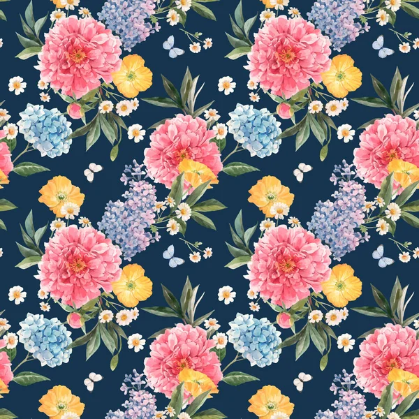 Mooie vector naadloos patroon met aquarelroze pioenroos, blauwe hortensia en lila zomerbloemen en vlinders. Stambloem illustratie. — Stockvector