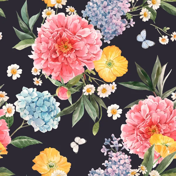 Gyönyörű vektor zökkenőmentes minta akvarell rózsaszín bazsarózsa, kék hortenzia és orgona nyári virágok és pillangók. Készletvirágillusztráció. — Stock Vector