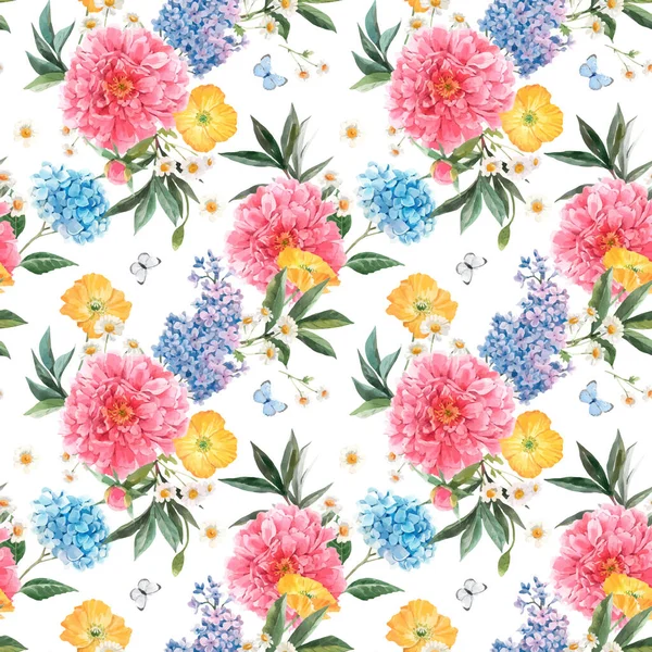 Hermoso patrón inconsútil vector con acuarela peonía rosa, hortensias azules y flores de verano lila y mariposas. Stock ilustración floral . — Vector de stock