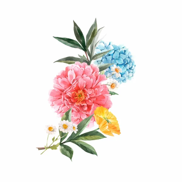 Krásná vektorová květinová kytice s akvarelem růžová pivoňka a žluté mák květiny. Stock illustration — Stockový vektor