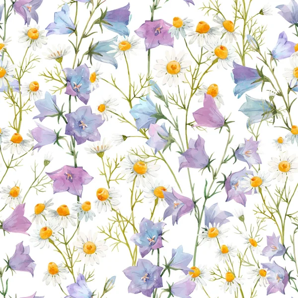 Beautiful vector seamless floral pattern with watercolor gentle summer bluebell and romomile flowers. Иллюстрация . — стоковый вектор