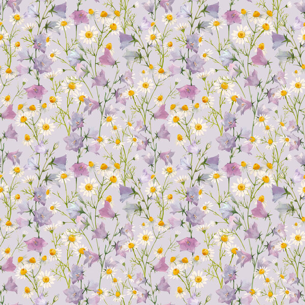 Beautiful vector seamless floral pattern with watercolor gentle summer bluebell and chamomile flowers. Stock illustration.