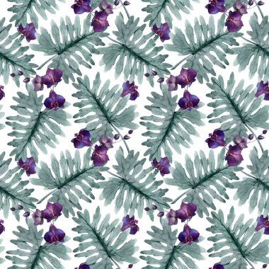 Suluboya tropikal yapraklar ve orkide çiçekleriyle kusursuz bir desen. Stok illüstrasyonu