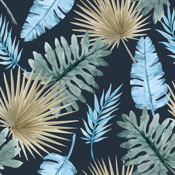 Hermoso patrón sin costuras con hojas tropicales acuarela. Ilustración general — Foto de Stock