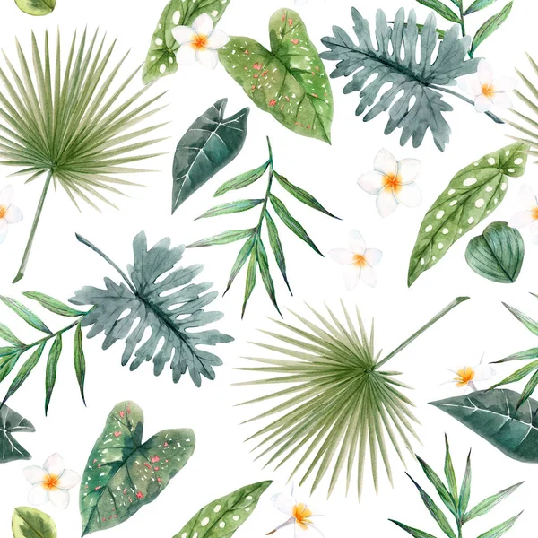 Hermoso patrón sin costura con acuarela hojas tropicales y flores. Ilustración general — Foto de Stock